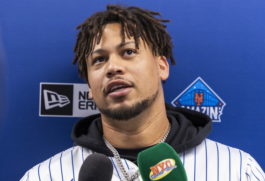 Frankie Montas talks to the media on Jan. 25, 2025 before the start of Mets' spring training.