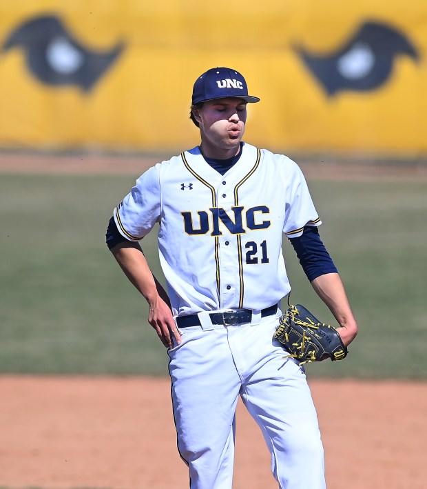 University of Northern Colorado pitcher Jake Storey shows his frustration after giving up a two-run homer against St. Thomas at Jackson Field in Greeley April 7, 2023. The Bears lost 19-12 in the teams home opener.(Jim Rydbom/Staff Photographer)
