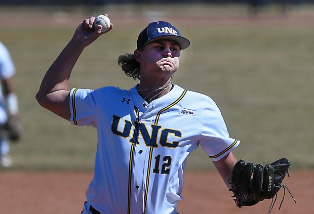 University of Northern Colorado pitcher Murphy Gienger throws against St. Thomas during a Summit League game in March 2024 at Jackson Field in Greeley. (Jim Rydbom/Staff Photographer)