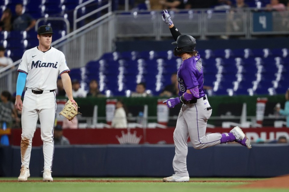 MIAMI, FLORIDA - JUNE 3: Hunter Goodman #15 of the Colorado Rockies rounds the bases on a solo home run in the eighth inning against the Miami Marlins at loanDepot park on June 3, 2025 in Miami, Florida. (Photo by Leonardo Fernandez/Getty Images)