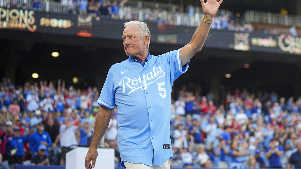 MLB Hall of Famer George Brett is introduced prior to a ceremony commemorating the 1985 World Series prior to game between the St. Louis Cardinals and the Kansas City Royals at Kauffman Stadium.