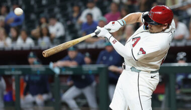 PHOENIX, ARIZONA - JUNE 09: Josh Naylor #22 of the Arizona Diamondbacks hits a walk-off grand slam ...