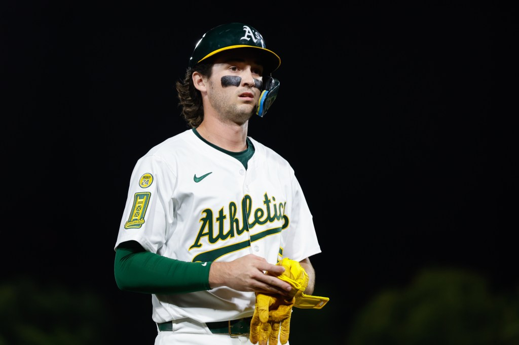 Jacob Wilson #5 of the Athletics looks on during the game against the Houston Astros at Sutter Health Park on June 16, 2025 in Sacramento, California.