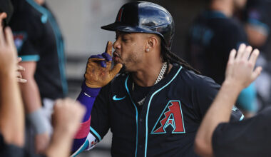 Ketel Marte #4 of the Arizona Diamondbacks celebrates hitting a solo home run during the first inni...