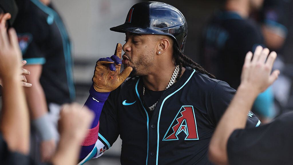 Ketel Marte #4 of the Arizona Diamondbacks celebrates hitting a solo home run during the first inni...