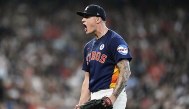 Houston Astros starting pitcher Hunter Brown reacts after Tampa Bay Rays designated hitter Yandy Diaz grounds out during the sixth inning of a baseball game in Houston, Sunday, June 1, 2025. (AP Photo/Ashley Landis)