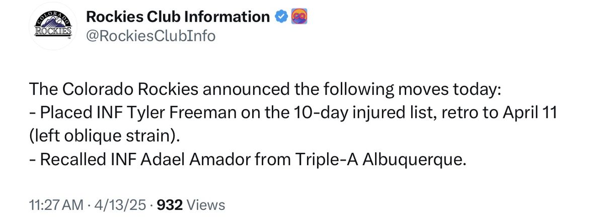 The Colorado Rockies announced the following moves today: - Placed INF Tyler Freeman on the 10-day injured list, retro to April 11 (left oblique strain). - Recalled INF Adael Amador from Triple-A Albuquerque.