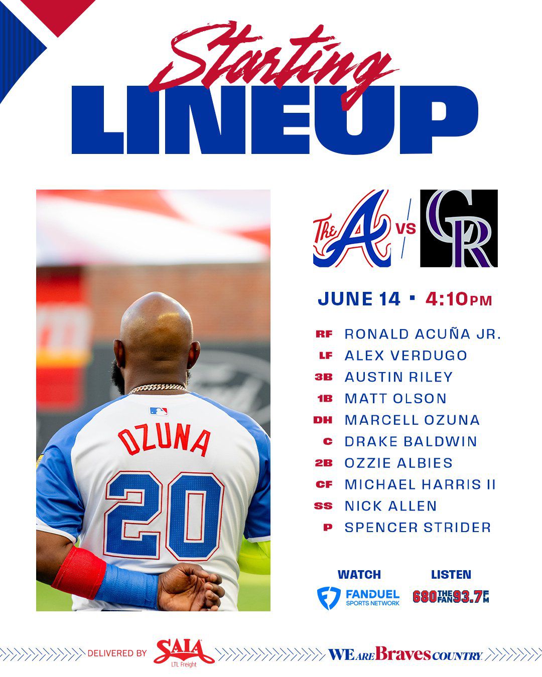 The lineup reads as follows: Acuña Jr. (RF); Verdugo (LF); Riley (3B); Olson (1B); Ozuna (DH); Baldwin (C); Albies (2B); Harris II (CF); Allen (SS); Strider (SP)