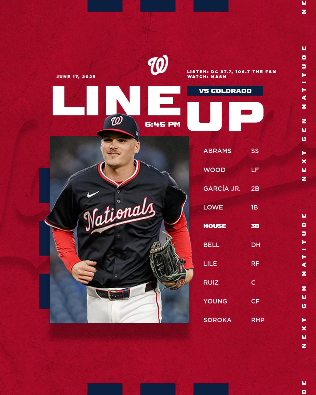 The lineup reads as follows: Abrams (SS); Wood (LF); García Jr (2B); Lowe (1B); House (3B); Bell (DH); like (RFP; Ruiz (C); Young (CF); Soroka (RHP)