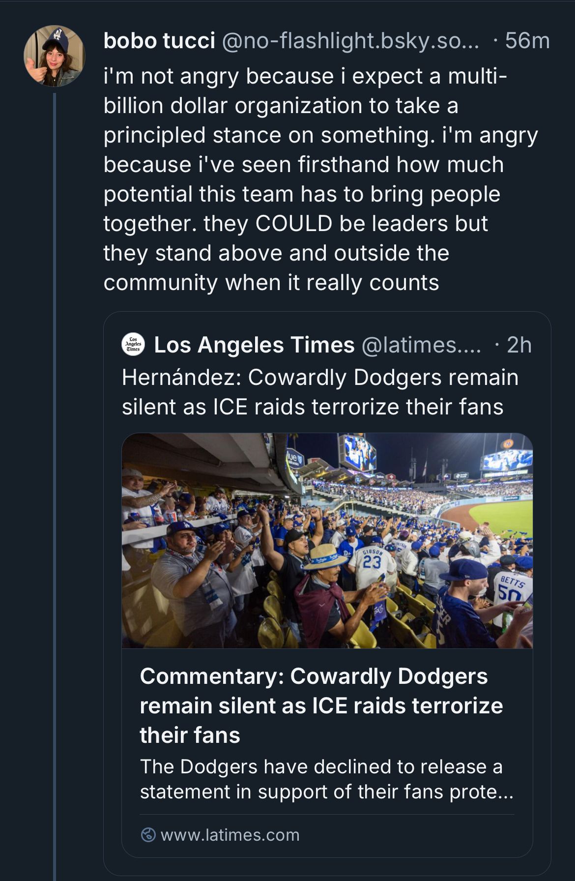 I’m not angry because I expect a multi-billion dollar organization to take a principled stand on something. I’m angry because I’ve seen first hand how much potential this team has to bring people together. they COULD be leaders but they stand above and outside the community when it really counts