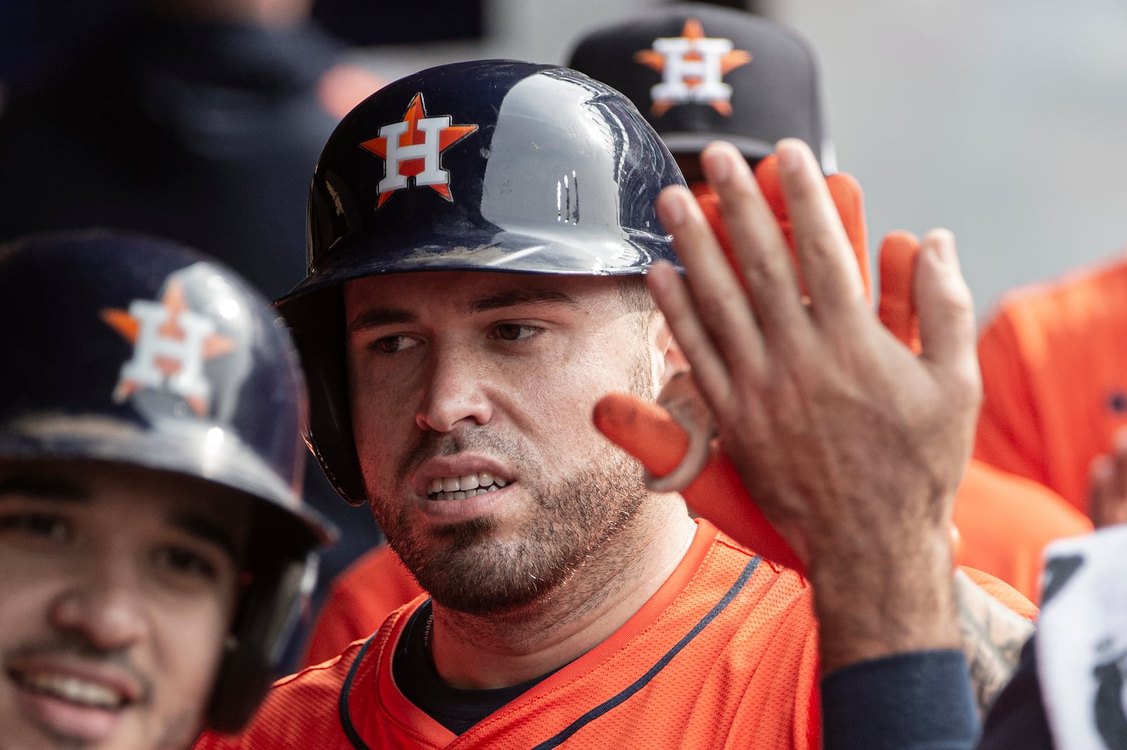 Houston Astros' Jeremy Pena, center, is congratulated in the dugout after hitting a two-run home run off Cleveland Guardians starting pitcher Gavin Williams during the sixth inning of a baseball game, Saturday June 7, 2025, in Cleveland. (AP Photo/Phil Long)