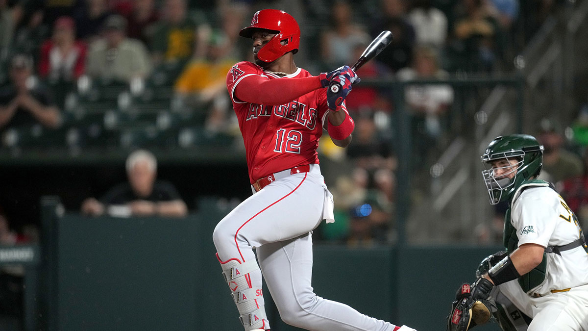 May 21, 2025; West Sacramento, Los Angeles Angels designated hitter Jorge Soler (12) hits a RBI double against the Athletics in the eighth inning at Sutter Health Park. 