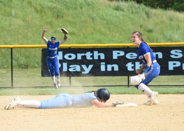 Nazareth second baseman Alina Weaver, 1, right celebrates after doubling up North Penn's Mady Archer, 8, at second base for the final out of the bottom of the seventh inning to give Nazareth a 7-5 victory in their PIAA-6A first round game on Monday, June 2, 2025 at North Penn High School. (Mike Cabrey/MediaNews Group)