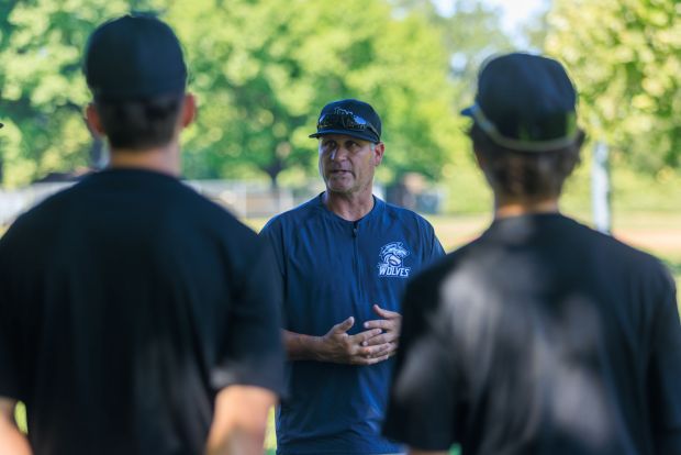 Chico Lone Wolves manager Kelvin Day, center, speaks to his team prior to the start of the Lone Wolves first game on Saturday, May 31, 2025 at Doryland Field in Chico, California. (Scott Casagrande/BigHouse Photography)