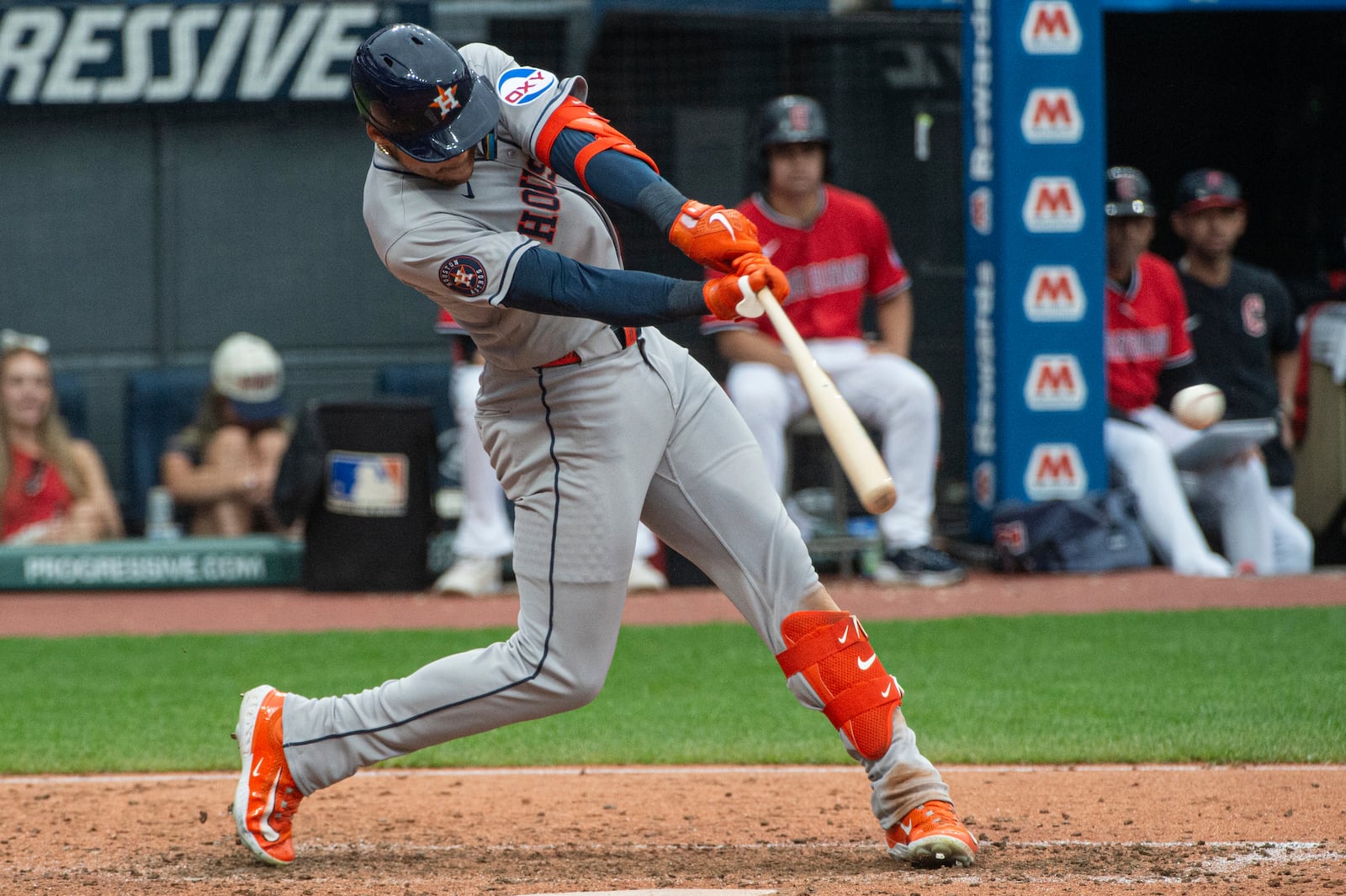 Houston Astros' Cam Smith hits a two-run RBI single off Cleveland Guardians starting pitcher Tanner Bibee during the seventh inning of a baseball game, Sunday June 8, 2025, in Cleveland. (AP Photo/Phil Long)