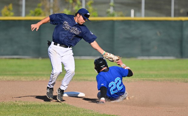 San Rafael Pacifics shortstop Kyle Guerra (7) tags out Tyler...