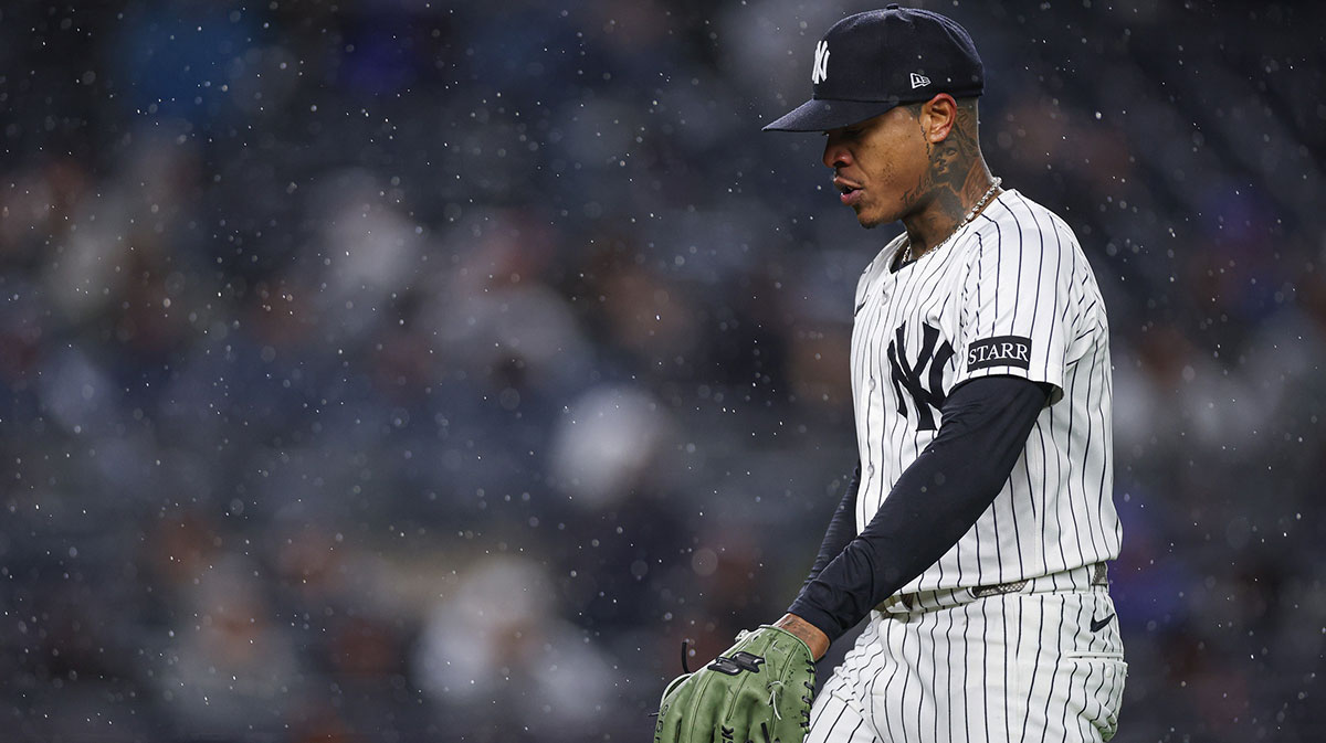 New York Yankees starting pitcher Marcus Stroman (0) walks off after being relieved during the first inning against the San Francisco Giants at Yankee Stadium.