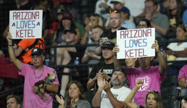 Arizona Diamondbacks fans cheer for Arizona Diamondbacks' Ketel Marte...