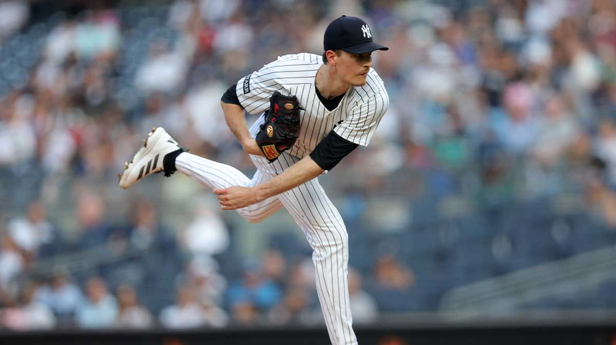 Jun 5, 2025; Bronx, New York, USA; New York Yankees starting pitcher Max Fried (54) follows through on a pitch against the Cleveland Guardians during the first inning at Yankee Stadium. 