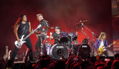 Robert Trujillo, from left, James Hetfield, Lars Ulrich, and Kirk Hammett of Metallica perform on Thursday, July 28, 2022, at Grant Park in Chicago. (Photo by Rob Grabowski/Invision/AP)