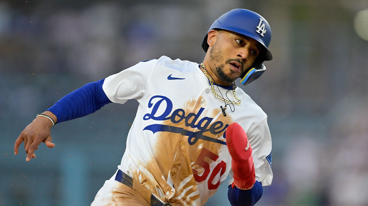 May 15, 2025; Los Angeles, California, USA; Los Angeles Dodgers shortstop Mookie Betts (50) rounds the bases against the Athletics during the first inning of the game at Dodger Stadium. 