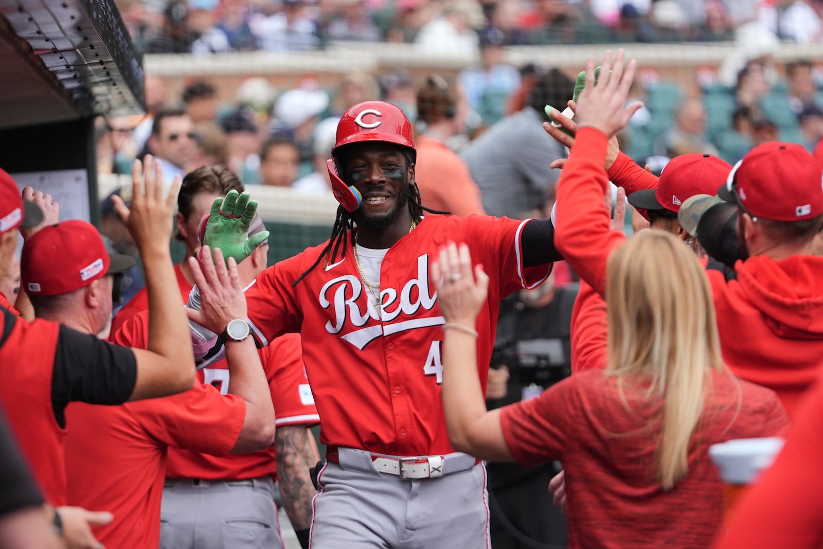 Cincinnati Reds Elly De La Cruz (44) celebrates his home run against the Detroit Tigers in the fourth inning during a baseball game, Saturday, June 14, 2025, in Detroit. (AP Photo/Paul Sancya)