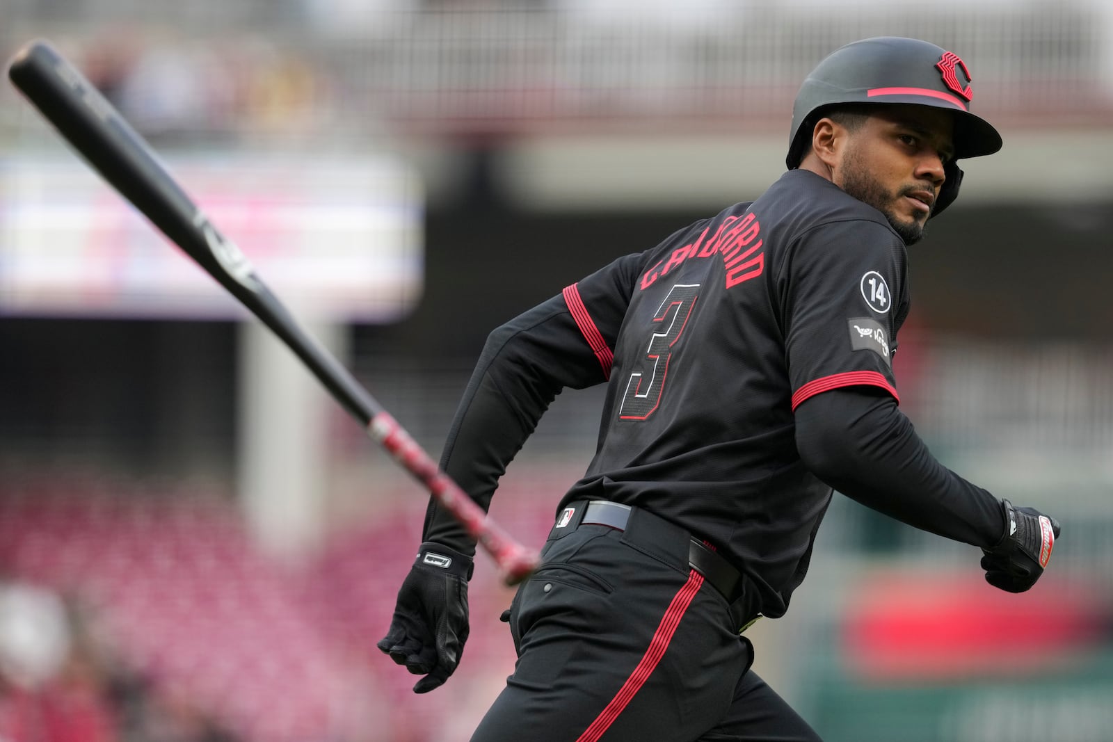 FILE - Cincinnati Reds' Jeimer Candelario reacts after hitting a home run during a baseball game against the Pittsburgh Pirates, April 11, 2025, in Cincinnati. (AP Photo/Jeff Dean, File)