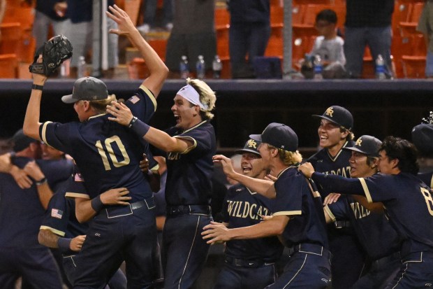 West Ranch celebrates after they defeated Mater Dei n the...