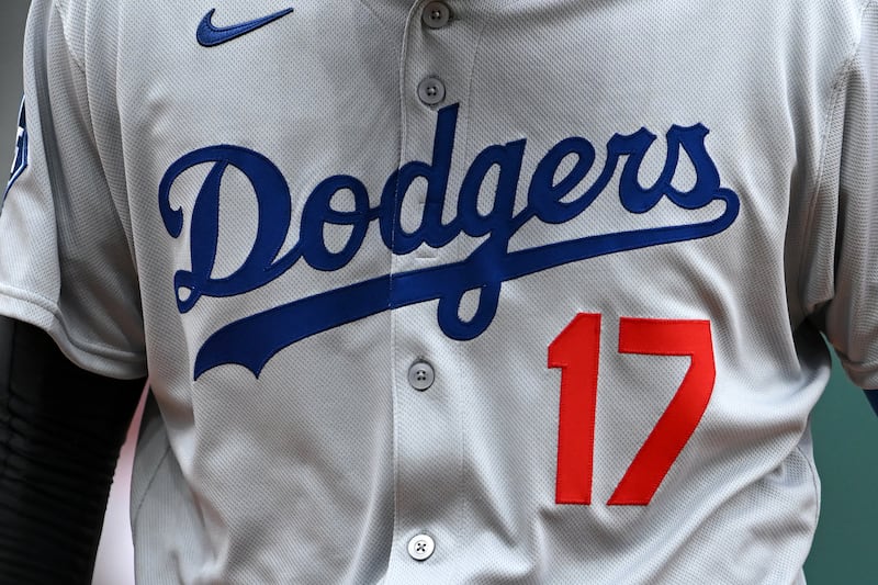 CLEVELAND, OHIO - MAY 28: A closeup view of the Los Angeles Dodgers logo on the Nike jersey worn by Shohei Ohtani #17 during the seventh inning against the Cleveland Guardians at Progressive Field on May 28, 2025 in Cleveland, Ohio. (Photo by Nick Cammett/Diamond Images via Getty Images)