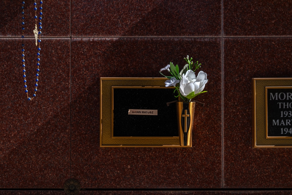 Tuesday, March 18, 2025—The final resting place of Brian Matusz is a small niche on the bottom row of an outdoor mausoleum in Phoenix, Arizona on Tuesday, March 18, 2025.