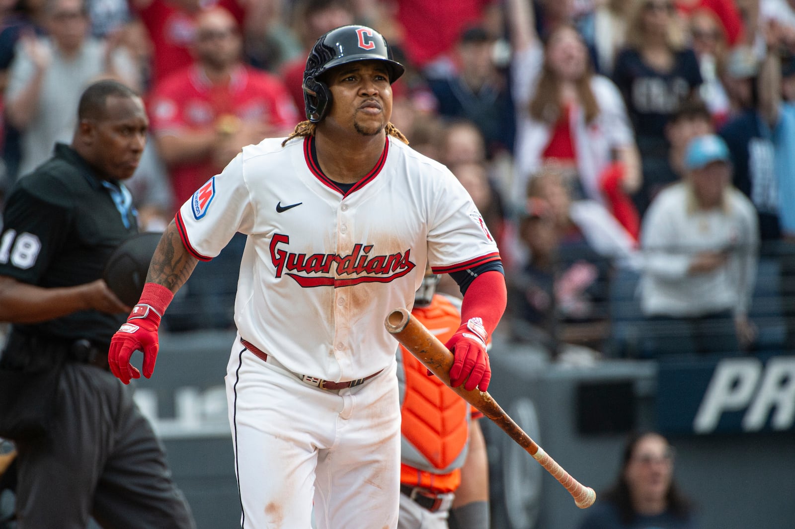 Cleveland Guardians' Jose Ramirez watches his two-run home run off Houston Astros relief pitcher Shawn Dubin during the sixth inning of a baseball game, Saturday June 7, 2025, in Cleveland. (AP Photo/Phil Long)