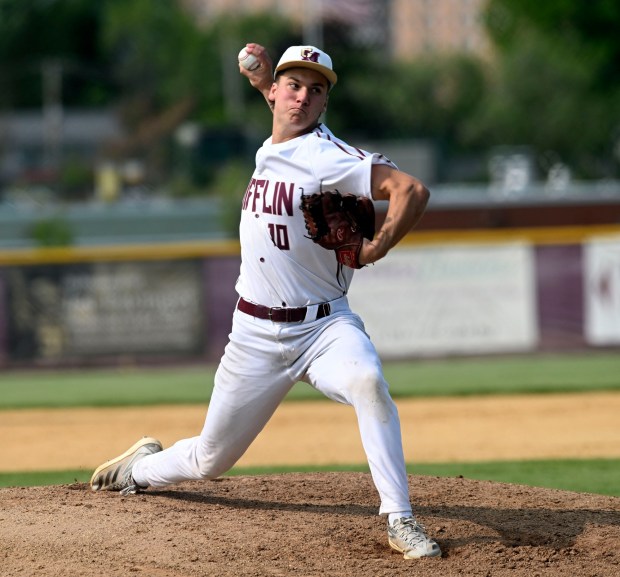 Gov. Mifflin starter Ethan Grim pitched two innings, giving up one hit, in a 6-1 opening round PIAA playoff victory over Pleasant Valley on Monday, June 2, 2025, at Rulon Griffith Field. (BILL UHRICH/READING EAGLE)