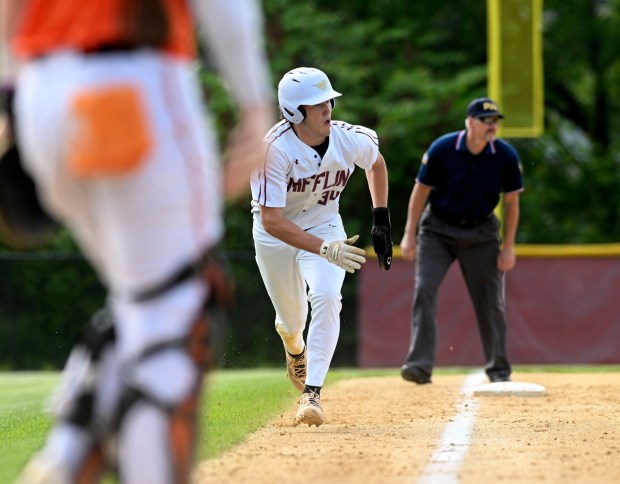 Gov. Mifflin's Bryce Detwiler heads for home on a second-innnig fielder's choice in a 6-1 opening round PIAA playoff victory over Pleasant Valley on Monday, June 2, 2025, at Rulon Griffith Field. (BILL UHRICH/READING EAGLE)