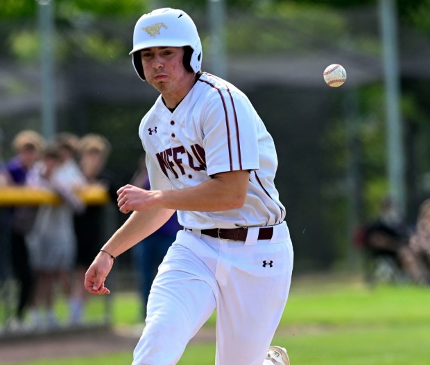 Gov. Mifflin courtesy runner Nick Montgomery is hit by the throw to the plate as he scores in the second inning running for Travis Jenkins who tripled in a 6-1 opening round PIAA playoff victory over Pleasant Valley on Monday, June 2, 2025, at Rulon Griffith Field. (BILL UHRICH/READING EAGLE)