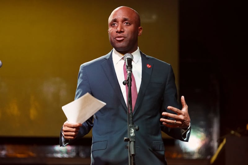 Mayor of Kansas City Quinton Lucas speaks during a press conference for THUNDERGONG!, a charity benefiting the Steps of Faith Foundation
