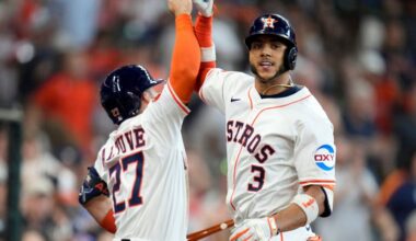 Houston Astros' Jeremy Pena (3) celebrates his two-run home run against the Tampa Bay Rays with Jose Altuve during the third inning of a baseball game, Saturday, May 31, 2025, in Houston. (AP Photo/Eric Christian Smith)