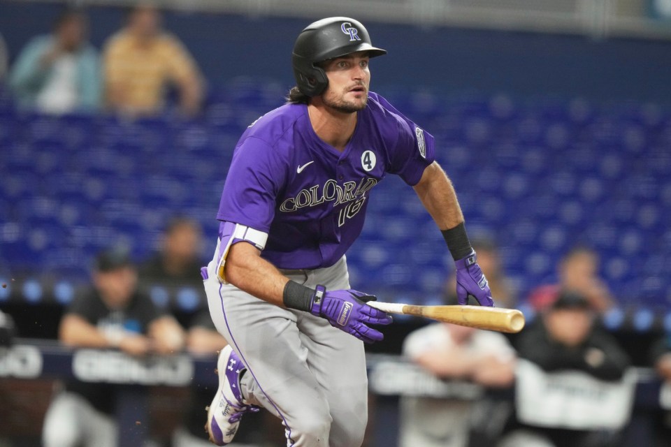 Colorado Rockies' Sam Hilliard runs after hitting a RBI double to score Keston Hiura during the ninth inning of a baseball game against the Miami Marlins, Monday, June 2, 2025, in Miami. (AP Photo/Lynne Sladky)
