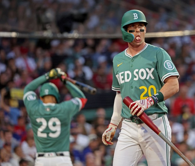 Boston Red Sox first base Nick Sogard cannot blow a bubble with his gum after striking out in the third as the Red Sox fell 9-0 to Blue Jays at Fenway Park. (Staff Photo By Stuart Cahill/Boston Herald)