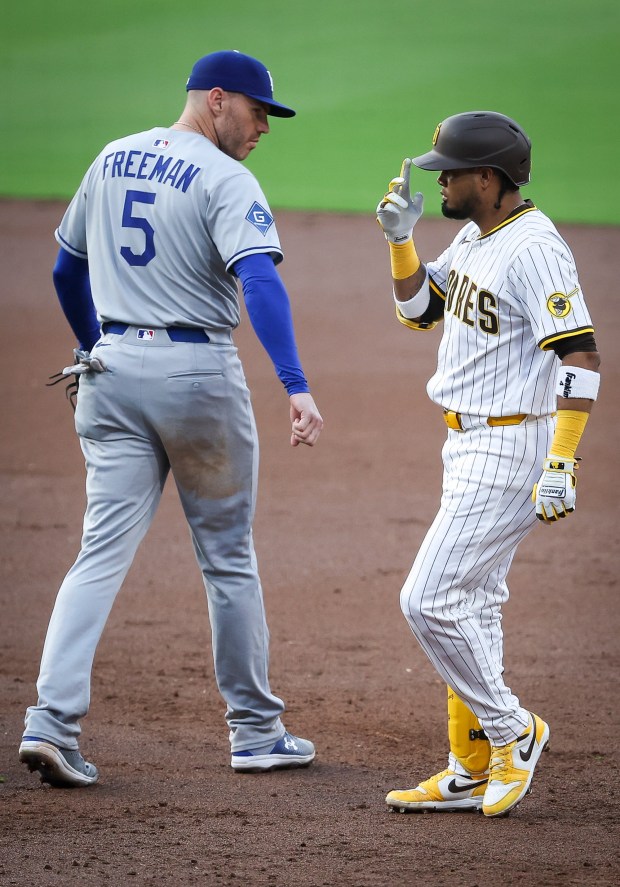 San Diego Padres' Luis Arraez celebrates after his single against the Los Angeles Dodgers at Petco Park on Monday, June 9, 2025 in San Diego, CA. (Meg McLaughlin / The San Diego Union-Tribune)