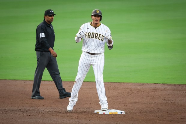 San Diego Padres' Manny Machado celebrates after his double against the Los Angeles Dodgers at Petco Park on Monday, June 9, 2025 in San Diego, CA. (Meg McLaughlin / The San Diego Union-Tribune)