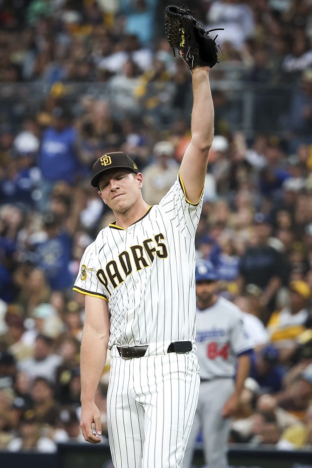 San Diego Padres' Nick Pivetta reacts after giving up a home run against the Los Angeles Dodgers at Petco Park on Monday, June 9, 2025 in San Diego, CA. (Meg McLaughlin / The San Diego Union-Tribune)