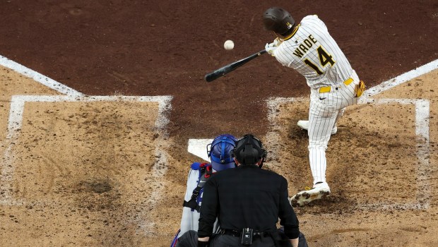 San Diego Padres' Tyler Wade triples against the Los Angeles Dodgers Los Angeles Dodgers during the third inning at Petco Park on Monday, June 9, 2025 in San Diego, CA. (Meg McLaughlin / The San Diego Union-Tribune)