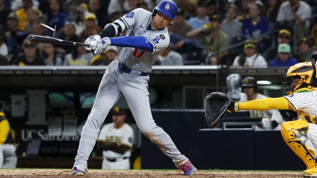 Los Angeles Dodgers' Shohei Ohtani breaks his bat on a single against the San Diego Padres at Petco Park on Monday, June 9, 2025 in San Diego, CA. (Meg McLaughlin / The San Diego Union-Tribune)