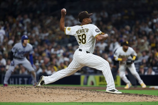 San Diego Padres' Wandy Peralta pitches against the Los Angeles Dodgers at Petco Park on Monday, June 9, 2025 in San Diego, CA. (Meg McLaughlin / The San Diego Union-Tribune)