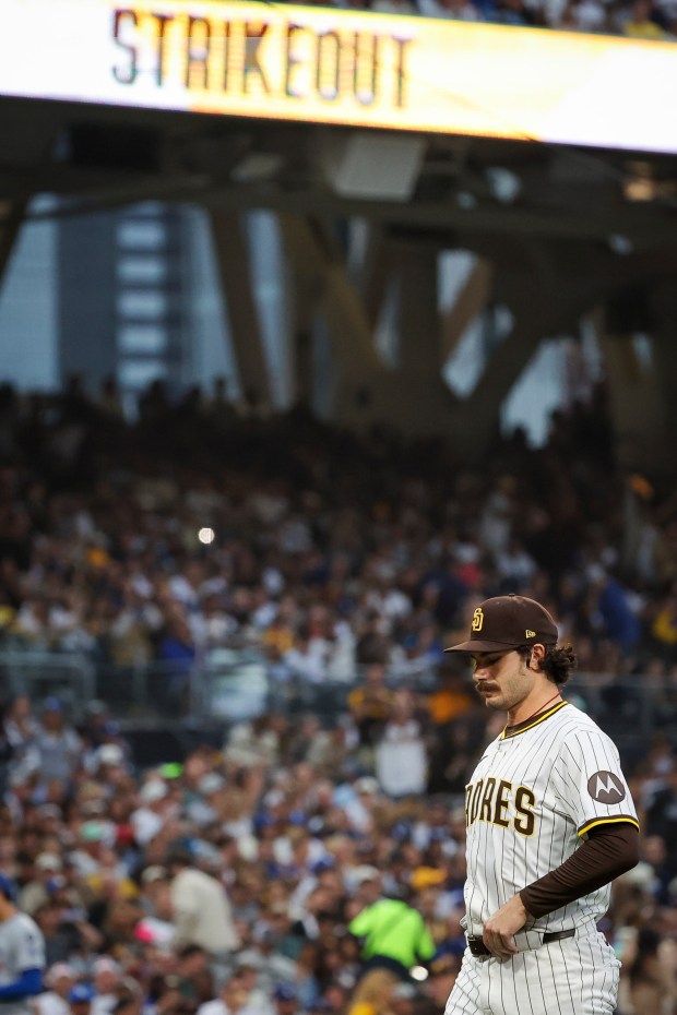 San Diego Padres' Dylan Cease walks back to the dugout after a strikeout against the Los Angeles Dodgers during the third inning at Petco Park on Tuesday, June 10, 2025 in San Diego, CA. (Meg McLaughlin / The San Diego Union-Tribune)