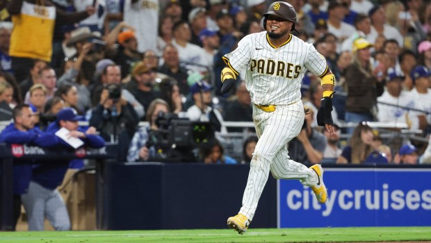 San Diego Padres' Luis Arraez runs towards home against the Los Angeles Dodgers during the fifth inning at Petco Park on Tuesday, June 10, 2025 in San Diego, CA. (Meg McLaughlin / The San Diego Union-Tribune)