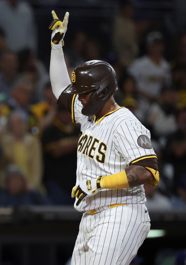 San Diego Padres' Martin Maldonado rounds the bases after a home run against the Los Angeles Dodgers during the sixth inning at Petco Park on Tuesday, June 10, 2025 in San Diego, CA. (Meg McLaughlin / The San Diego Union-Tribune)