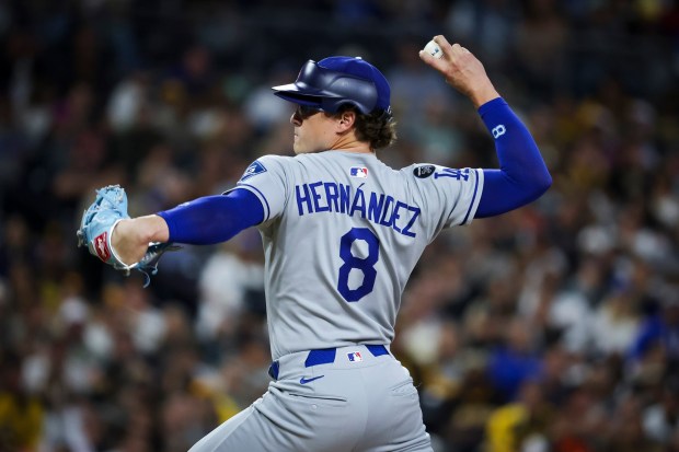 Los Angeles Dodgers' Enrique Hernandez pitches against the San Diego Padres during the sixth inning at Petco Park on Tuesday, June 10, 2025 in San Diego, CA. (Meg McLaughlin / The San Diego Union-Tribune)