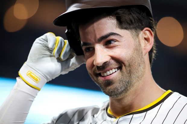 San Diego Padres' Tyler Wade smiles as we walks back to the dugout during the eighth inning against the Los Angeles Dodgers at Petco Park on Tuesday, June 10, 2025 in San Diego, CA. (Meg McLaughlin / The San Diego Union-Tribune)