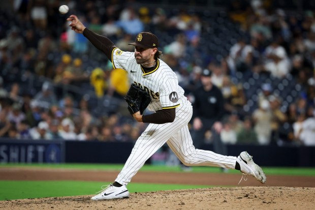 San Diego Padres' David Morgan pitches against the Los Angeles Dodgers during the ninth inning at Petco Park on Tuesday, June 10, 2025 in San Diego, CA. (Meg McLaughlin / The San Diego Union-Tribune)